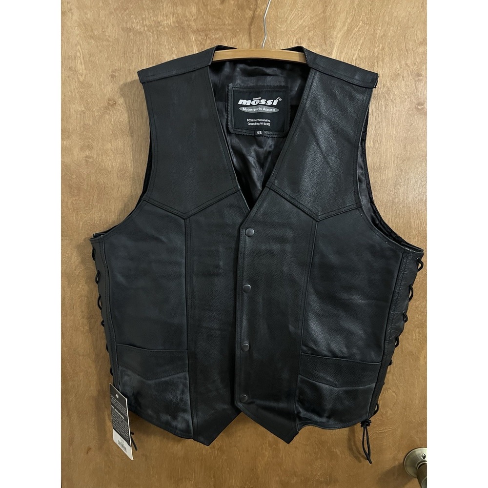 Mens Size 48 Mossi Motorsports Apparel Black Leather Motorcycle Vest Snap NEW